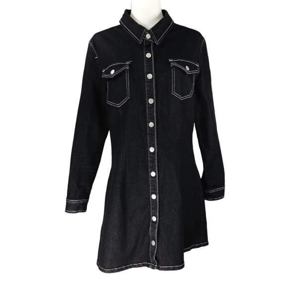 Missguided Long Sleeve Snap Up Front Mini Denim Shirt Dress Sz. 12 Black - Picture 2 of 12